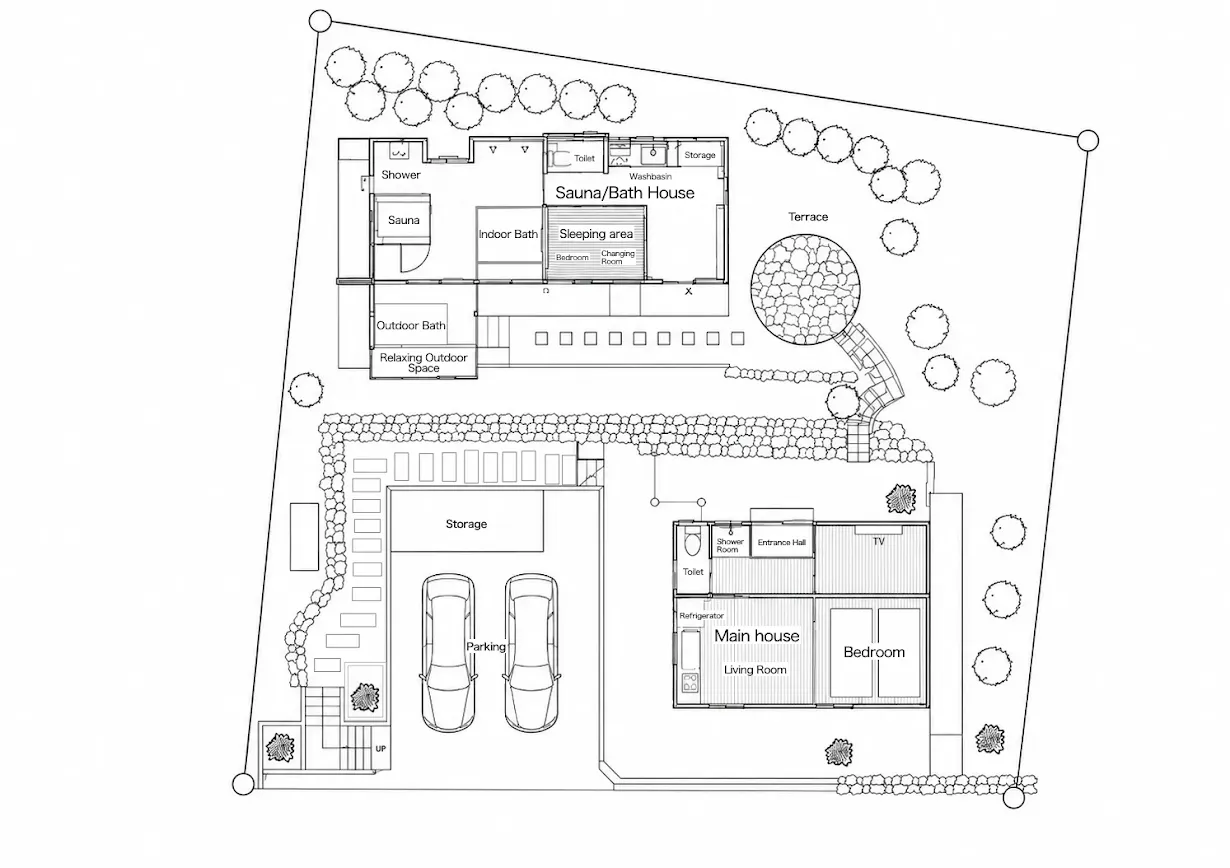 Site plan showing the main house, bath house, sauna house, cold bath, outdoor relaxation area, and parking for 2 cars.