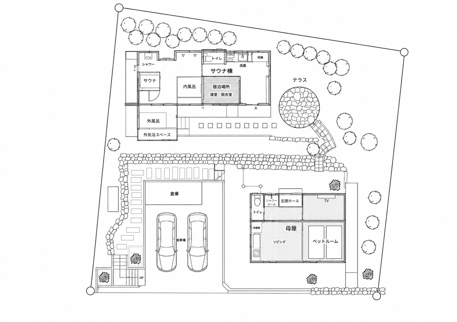 三ケ日庵の敷地内間取り図。母屋、お風呂棟、サウナ棟、水風呂、外気浴スペース、駐車場2台の位置関係を示しています。